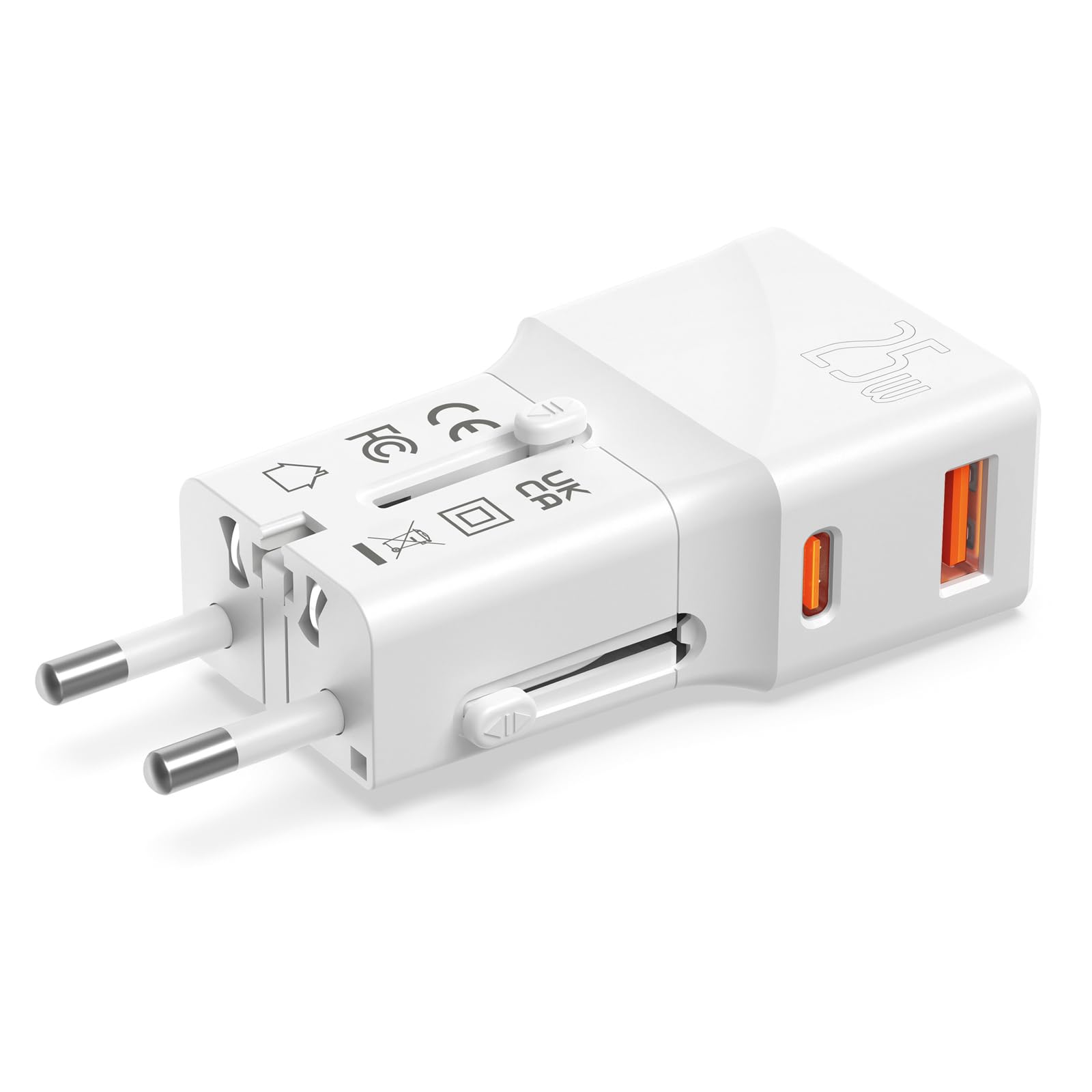 VALUE Caricabatterie da viaggio USB con spina Euro/UK/USA, 2 porte (tipo A QC3.0, tipo C PD), 25 W