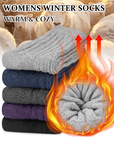 Image of Loritta Wool Socks for Women, Winter Warm Hiking Boot Socks Gifts | Classic Cozy Crew, Vintage Knit, Soft Thick House Socks, Outdoor, Christmas Gift, Stocking Stuffers for Mom Grandma Wife