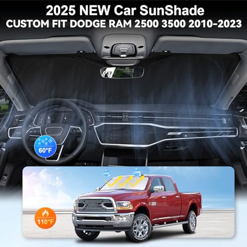 Image of Windshield Sun Shade for 2010-2026 Dodge RAM 1500 2500 3500 Sun Visor | Custom Fits Ram 2Dr RegularCab, 4Dr QuadCab, CrewCab, MegaCab Truck Accessories Cover Window Sunshade