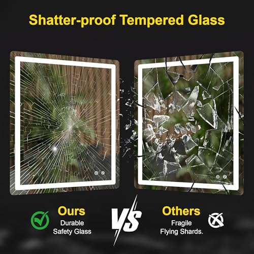 Image of LED Bathroom Mirror with Lights, 30 inchx36 inch Lighted Vanity Mirror for Wall | Anti-Fog, Dimmable 3 Color Light, Backlit+Frontlit, Shatterproof Tempered Glass, Memory Function