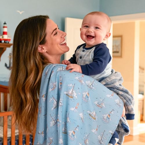 Image of Muslin Swaddle Blankets for Newborn, 3 Pack Breathable Soft Receiving Blanket, Large 38 x 40 inches Swaddle Wrap Burping Clothes, Essentials Infant Shower Items, Toddler Gift (Blue Sea)