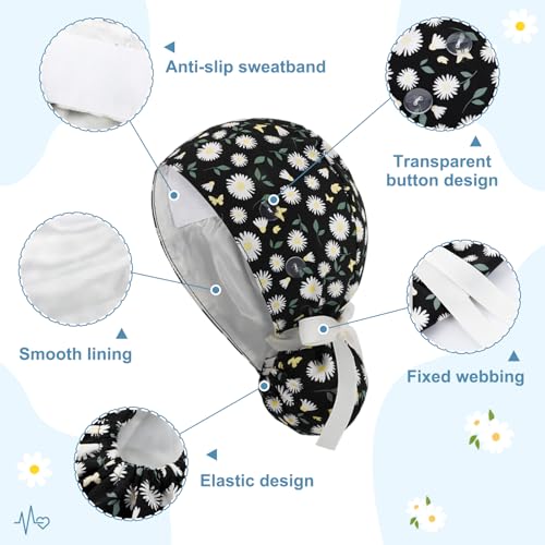 6 Pcs Scrub Caps Women Nurse Surgical Hat with Buttons Adjustable Bouffant Hats Working Cap Ponytail Holder Tie Back,Flower
