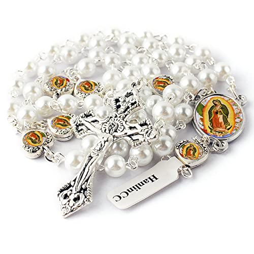 HanlinCC Glass Pearl Beads Our Lady of Guadalupe Epoxy Heart Metal Beads Rosary Necklace Pack in Velvet Bag with Pray Card