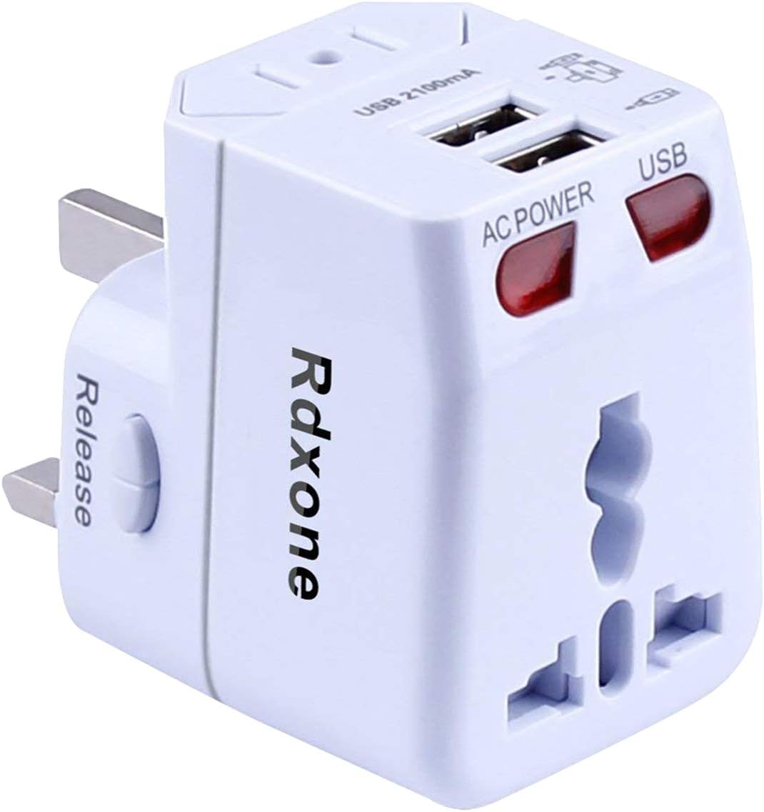 Travel Adapter,Rdxone Universal Plug Adapter with 2 USB for Europe, Italy, Ireland, UK, AU, Asia, Over 150 Countries -with Spare Fuse