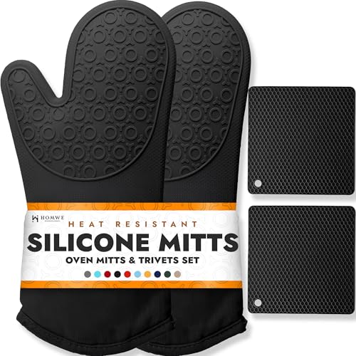 HOMWE Silicone Oven Gloves & Pot Holders - 4 Piece Heat Resistant, Kitchen & Baking Oven Mitt Set with Non-Slip Textured Grip - Black