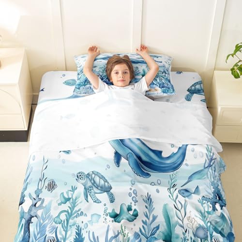 Image of jejeloiu Sea Animal Bed Sheets Set Twin Size Whale Turtle Fish Bed Set for Kids Boys Girls The Sea Marine Animal Deep Pocket Fitted Sheet Summer Breathable Soft Lightweight Microfiber