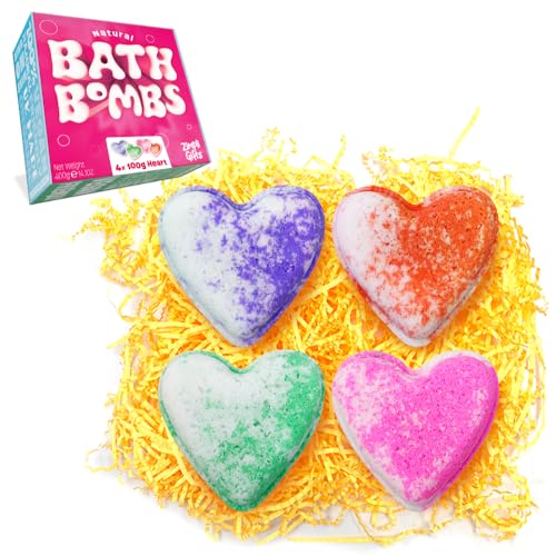 Zimpli Gifts 4 x Large UK Made Love Heart Bath Bombs Gift Set, Ideal Valentines Day Present for Her, Women, Girlfriend, Wife, Beauty Spa Fizzers for Mother's Day, Christmas, Anniversary Presents