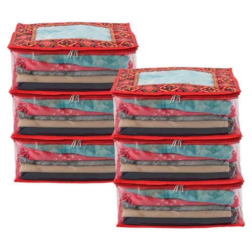 Image of Heart Home Pack of 6 Saree Storage Bag | 6 Inch | Wardrobe for Lehenga-Suit | Garment Clothing Cover | Lightweight-Portable Clothes | Chaudi Lace Printed | Red