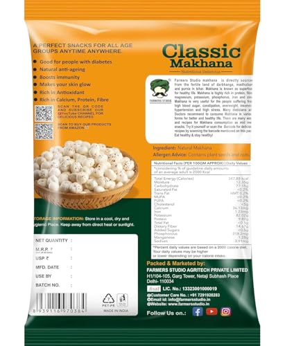 Image of Farmers Studio Naturally Grown Makhana 200 g | Mix Foxnuts | Low‑Fat, High‑Fiber Superfood Snack | Gluten‑Free & Antioxidant‑Rich