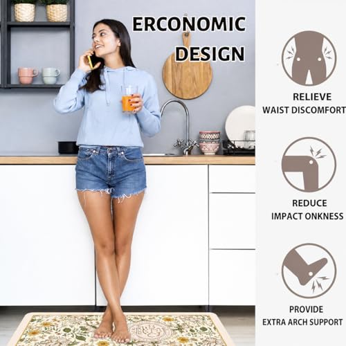 Image of Kitchen Anti Slip Mat for Floor, Waterproof Washable Kitchen Mats, Non Slip Kitchen Floor Mats for Home, Soft Mats for Kitchen, Kitchen Mats for Floor Anti Slip (Botanical Sunflower)