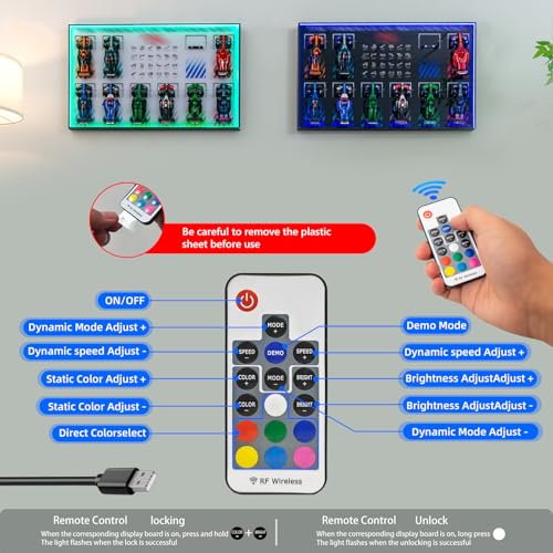 Image of Display Wallboard with RGB LED Lights Compatible with Lego Speed Champions F1 10-in-1 Collector's Pack, 20 Color&22 Lighting Modes, Wall Mount Compatible with Lego 66802 Collectible F1 Model Car Kit