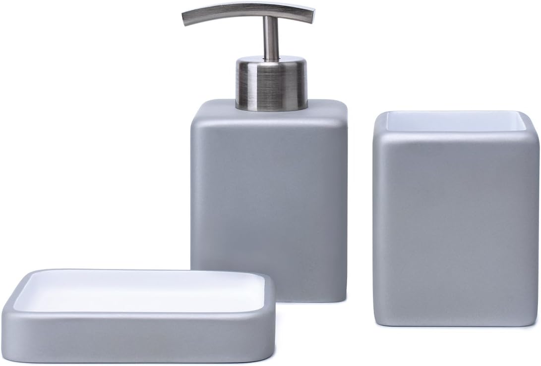 Satu Brown Bathroom Accessories Set Bathroom Soap Dispenser, Tumbler, Soap Dish 3 Pieces Bathroom Sets for Décor and Home Gift (Grey)