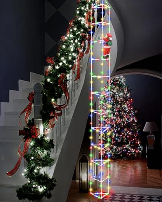 FUNIAO New Outdoor 3D Santa Claus Ladder Light - 9.8FT LED Christmas Decoration with 8 Light Modes and 300 LEDs for Wall, Tree, Window, Garden, Patio (Multicolored)