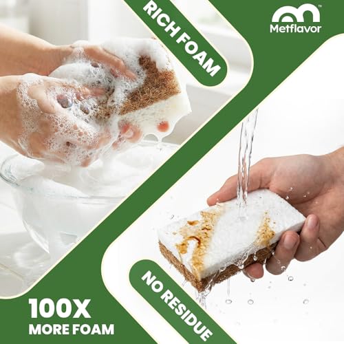 Image of Metflavor Kitchen Sponges, 48 Count, Natural Sponge with Coconut Scrubber | Plant-Based, Non-Toxic, Biodegradable & Compostable, Non-Scratch, All-Purpose Cleaning