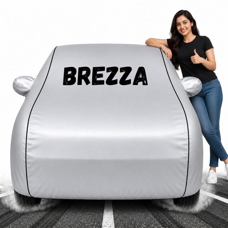 Image of Custom Fit Silver 100% Waterproof Brezza Car Cover | Polyester Car Body Covers for Rain & Sun | UV Protection, Dustproof, Scratch Resistant, Windproof, Heat Resistant