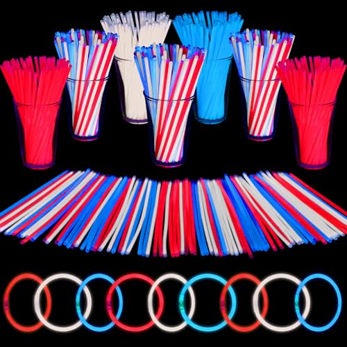 Mega-L 100 PCS Red White and Blue Glow Sticks Bulk 4th of July Decorations 8 Glowsticks for Parade Floats Memorial Day Patriotic Party Supplies with Bracelets & Necklaces for Kids or Adults