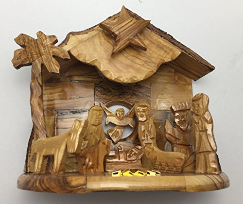 Olive Wood Rotating Star Musical Nativity Scene in Gift Box- Plays Silent Night