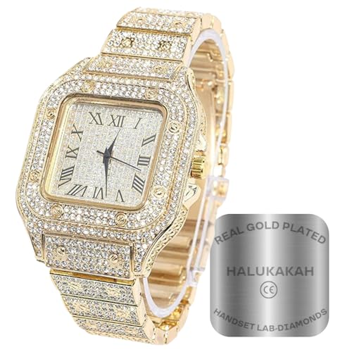 HALUKAKAH Diamante Reloj Oro, Hombres Chapado Oro Real 18K 40MM Ancho Esfera Cuadrada Cuarzo Pulsera 24cm, con Caja de Reg