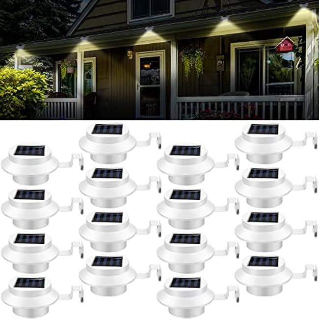 16 Pcs Solar Powered LED Gutter Lights 3 LED Deck Gutter Solar Lights Outdoor Waterproof LED Garden Yard Wall Lamp with Bracket for Fence Wall Stair Step Landscape Pathway, White Light and Warm Light