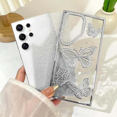 Image of Elzzi Electroplated Diamond Butterfly Phone Cover for Samsung S24 Ultra Case, Showcasing Soft TPU, Shockproof, Stylish Back Cover for Girls & Women (Grey)
