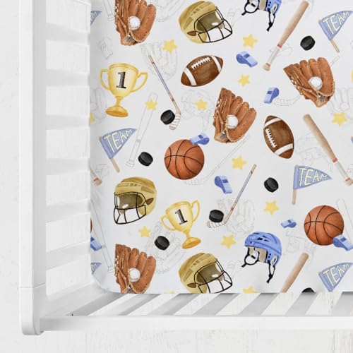 Image of Baby Sports Crib Sheet 52''x28'' American Football Baseball Basketball Stretchy Fitted Mattress Cover for Boy Girl Sports Lovers Gift Soft Sheets for Standard Toddler Mattress