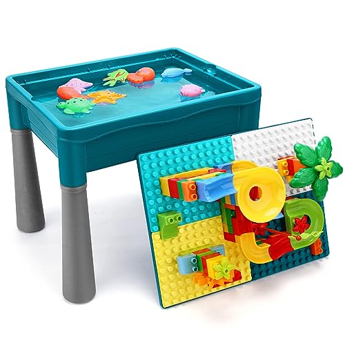 NIWOTA Double Sided Kids Activity Table with Storage, All-in-1 Multi Activity Table, 105pcs Marble Run Building Blocks Compatible with Classic Bricks, Craft Play Sand Water Table for Toddler