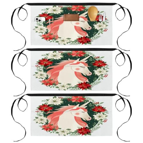 Lot de 3 tabliers courts de chef à motif licorne avec 3 poches de rangement