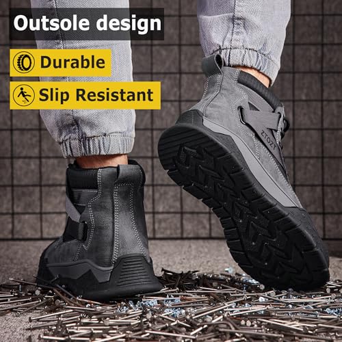 Image of Steel Toe Boots for Men Industrial Indestructible Work Slip Resistant Leather Construction Safety Shoes Grey Size 8.5