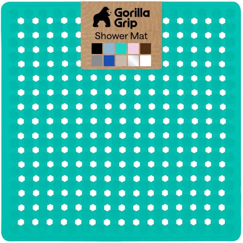 Image of GORILLA GRIP Patented Square Shower Stall Mat, Small Bathtub Floor Mats for Stand Up Showers, Suction Cups and Drain Holes, Machine Wash, Soft on Feet, Bathroom Accessories 21x21 Inch Turquoise Opaque