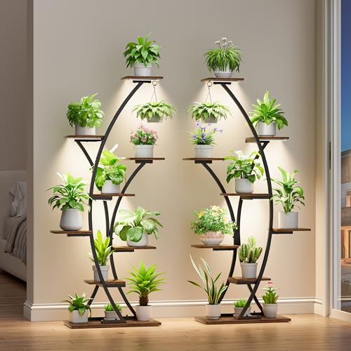 Image of Plant Stand Indoor with Grow Lights: 64 inch 2 Pack Large Plant Stands, 8 Tiered Curved Plant Shelf for Indoor Plants Multiple, Tall Lighted Corner Display Stands, Flower Holder for Living Room, Patio