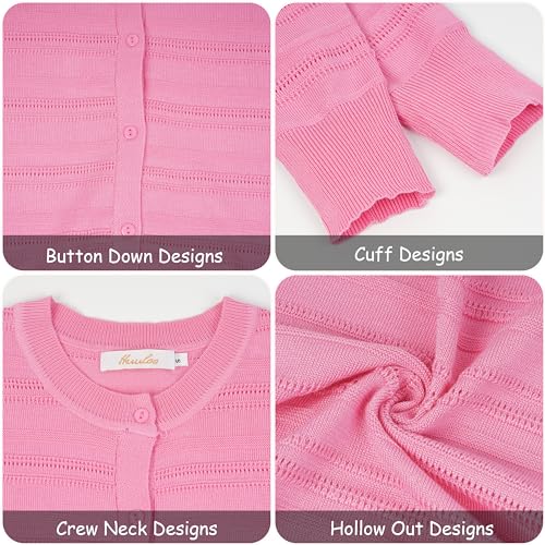 Women's Crew Neck Button Down Hollow Out Stripes Long Sleeve Cardigan Sweater4