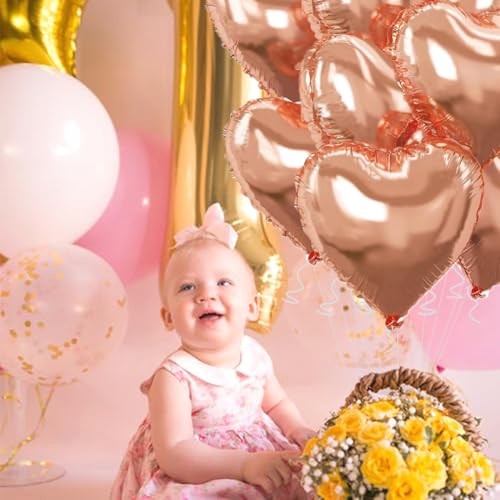 Image of Rose Gold Heart Balloons，18 Inch Foil Mylar Love Heart Shaped Balloons for Anniversary Wedding Engagement Celebration Birthday Party Baby Shower Valentines Decorations(12Pcs)
