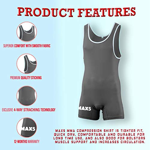 Max Men\'s Wrestling Singlet Bodywear Uniform Fight Gear (Grey, XLarge)