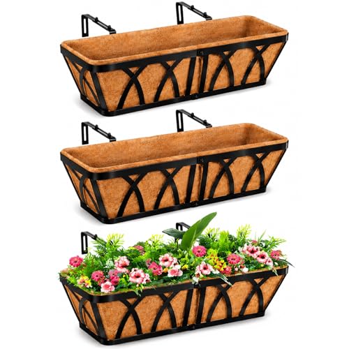 LCHUANG Deck Railing Planter Window Box - 3 Pack 24 Inch Deck Balcony Rail Planter with Coconut Coir...