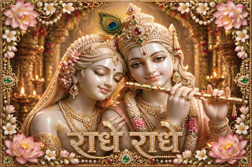Image of Rangoli Radha Krishna Self Adhesive Poster 18x12 Inch | Radhe Radhe Hindu God Wall Sticker Poster with Lotus Floral Design for Home Temple Pooja Room Living Room Decor