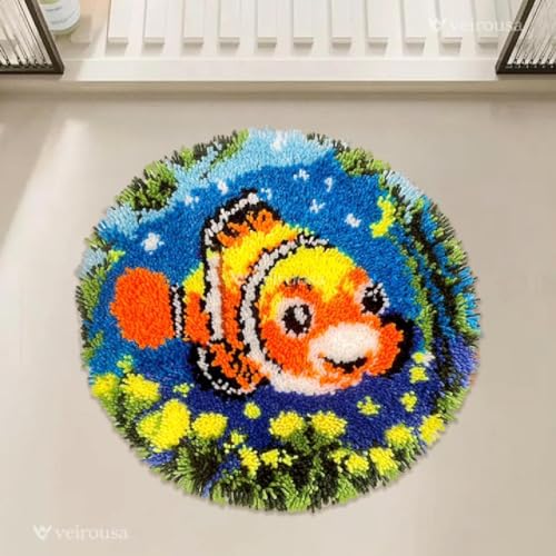 Image of veirousa Clownfish Latch Hook Rug Kits for Adults, Pre-Printed Beginners DIY Hooking Rug Kit Cross-Stitch Round Carpet Making Set for Home Decoration 19.7x19.7 inch