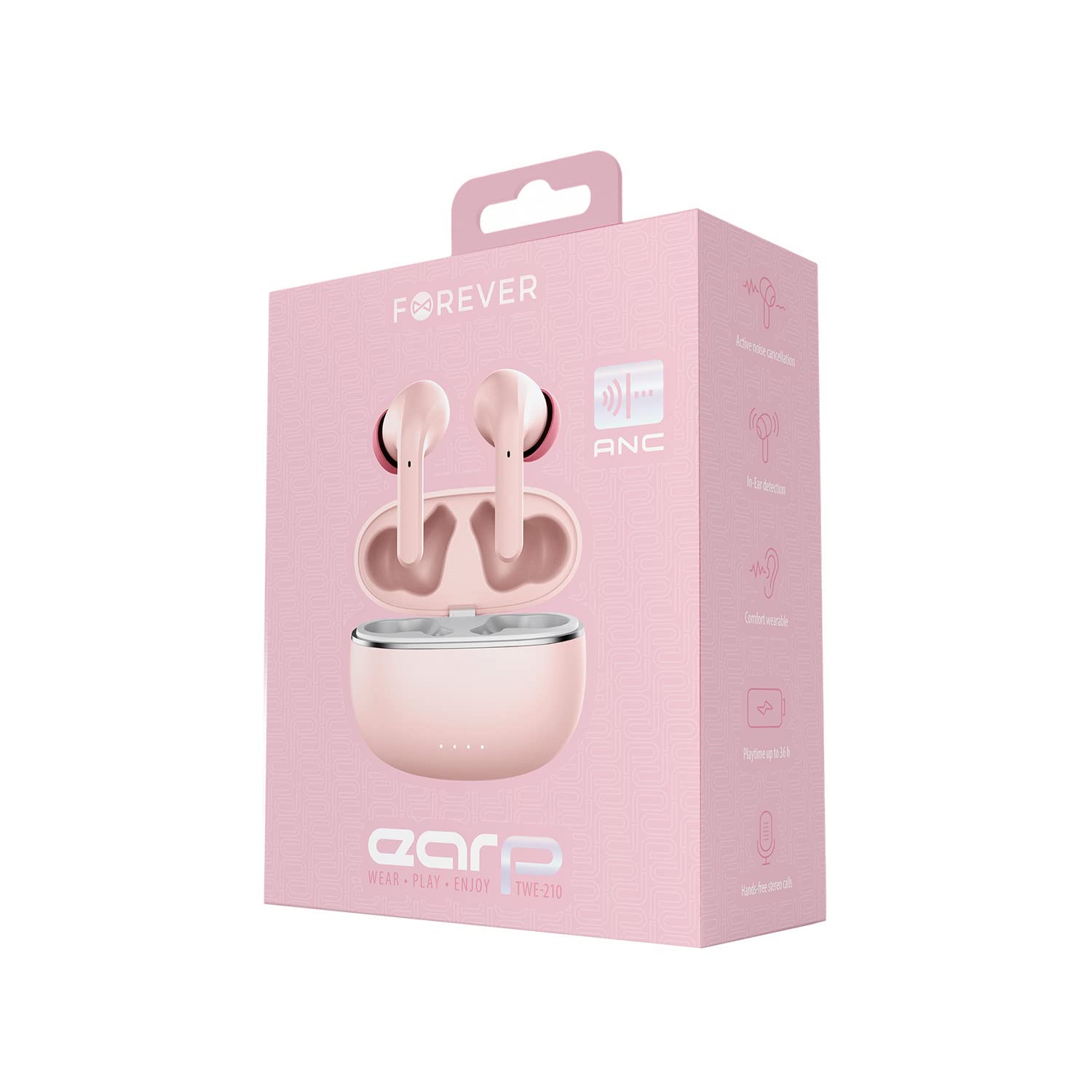 FOREVER Auriculares inalámbricos Bluetooth 5.3 modos ANC TWE-210 EARP con estuche de carga micrófono, control, indicadores LED auriculares intraurales (rosa)