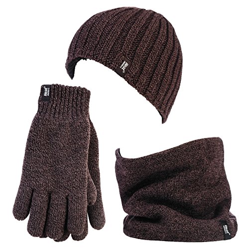 Preisvergleich Produktbild HEAT HOLDERS - Herren Thermische Winter-Vlies-Kabel Wollmütze, Nackenwärmer und Handschuhe gesetzt (S / M, Braun)