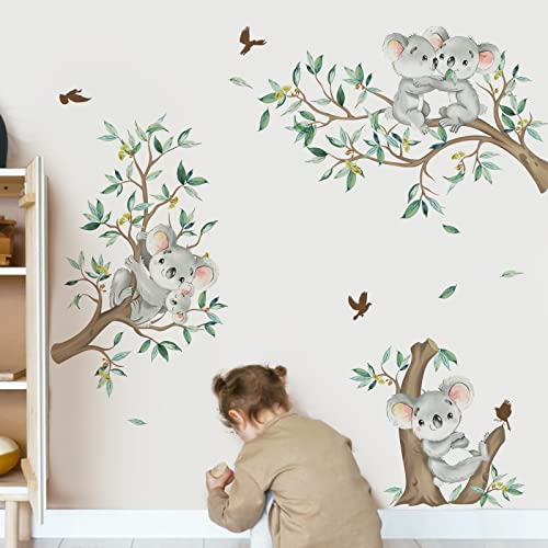 decalmile Koala Tree Branch Wall Decals Green Tree Leaves Wall Stickers Baby Nursery Kids Bedroom Living Room Wall Decor - Image 2