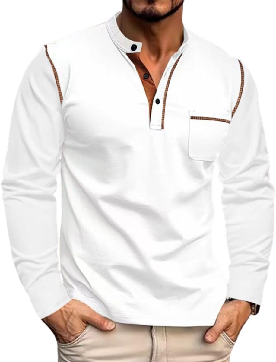 - Mens Long Sleeve Solid Henley Shirts Bust Pocket Stand Collar Basic Tops Casual Golf Shirts Summer Fashion T-Shirts