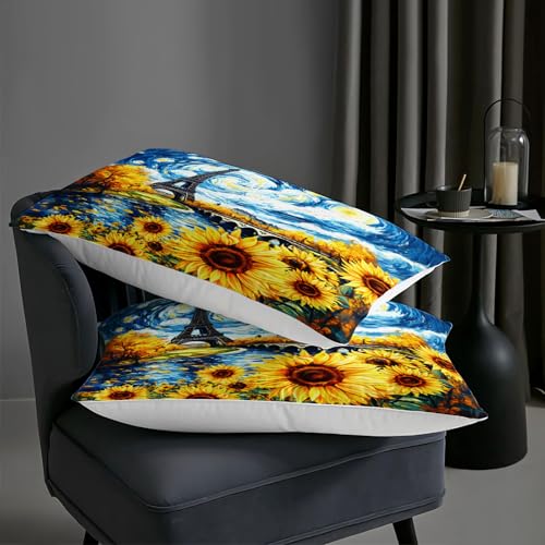 Image of AILONEN Yellow Sunflower Bedding Set Full Size,Eiffel Tower Comforter Set for Girls Women,Oil Style Flowers Floral Van Gogh Quilt with 2 Pillowcase,3Pcs