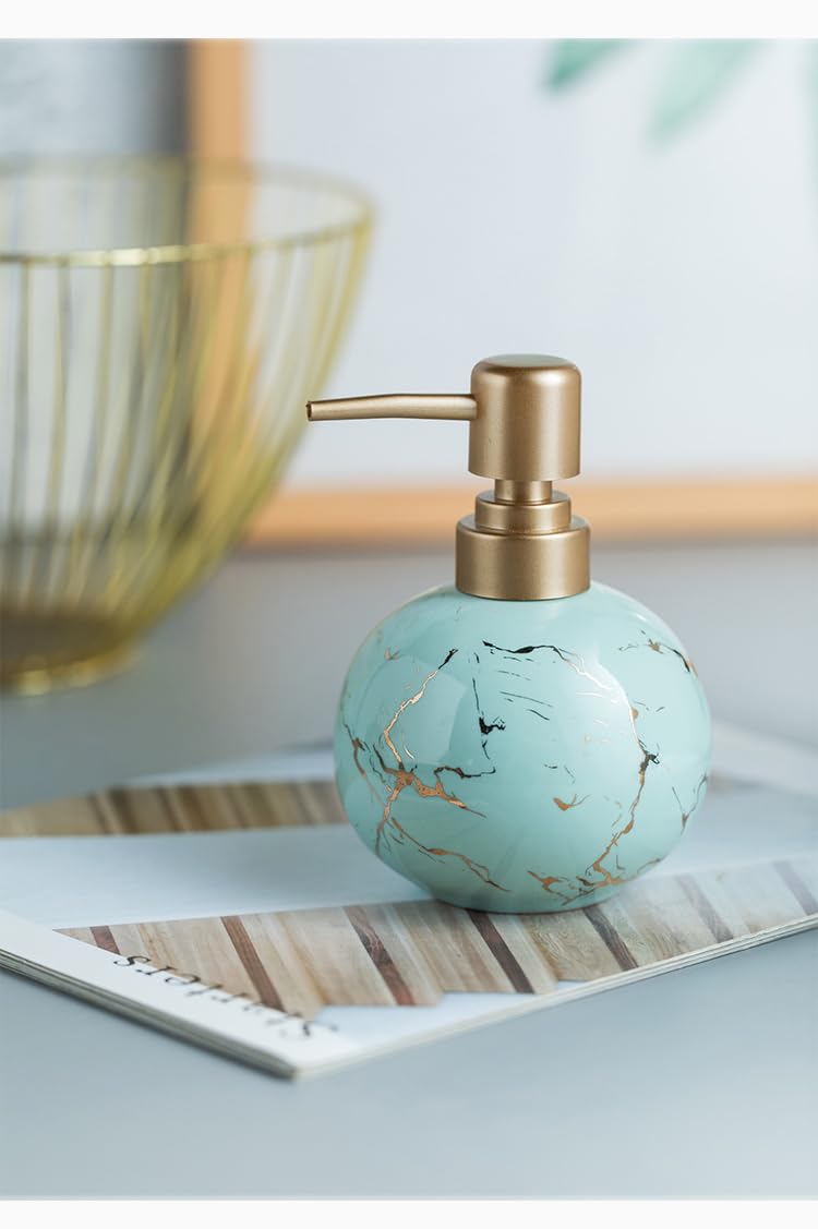 Luxury Ceramic Soap Dispenser (Luxe Blue) - 350ml Round Modern Refillable Lotion Shampoo Handwash Bottle Matte Blue with Gold Marbling Premium Countertop Accessory for Bathroom, Kitchen & Wash Basin-image-42