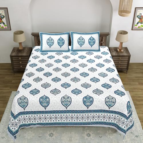 Image of Living Roots Jaipuri Hand Block Print Double Cotton Bedsheet & 2 Pillow Covers, for Mattress Upto 8 inches Thick, No Colour Bleeding, Blue Colour, Super King Size 96 * 104 inches, 150TC (578-C)