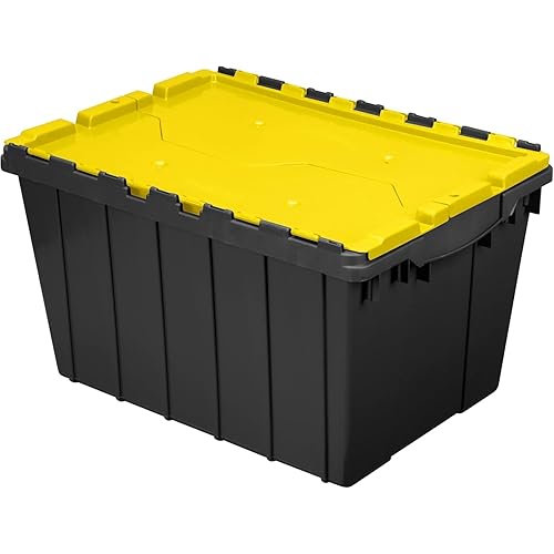 Akro-Mils KeepBox 12 Gallon Storage Container, Nesting and Stackable Plastic Storage Box with Lid Attached, Clear Tote for Garages, Closets, and Moving, 21-1/2" x 15" x 12-1/2", Black/Yellow