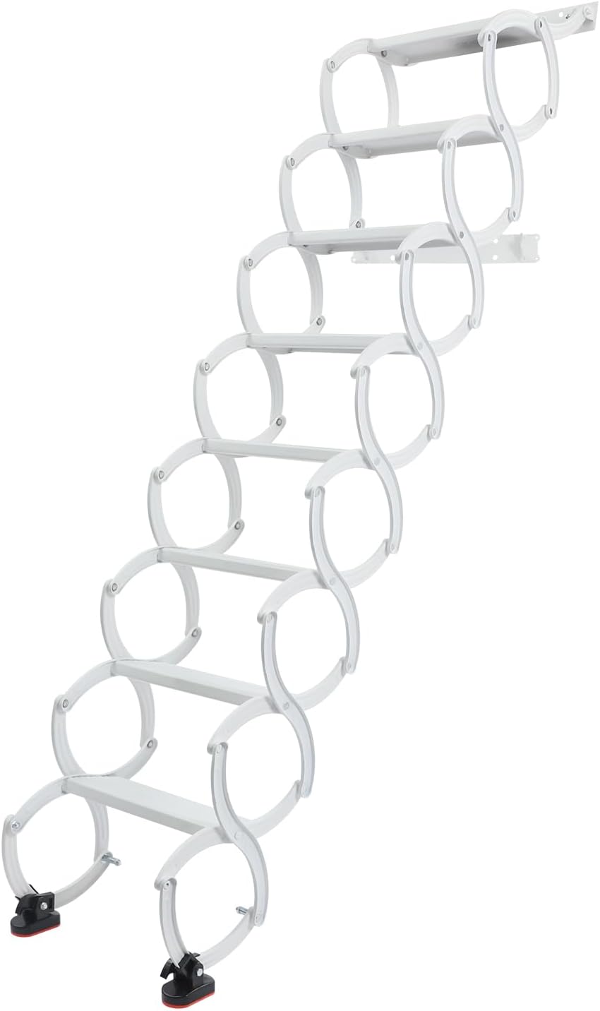 8 Steps Wall Mounted Folding Ladder, Attic Ladder Pull Down System, Telescoping Step Ladders, Retractable Folding Stair for Loft, Garage, Basement, Warehouse, 440 lbs Load Capacity, White