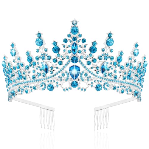 TOBATOBA Sky Blue Crown for Women Queen Crown Wedding Tiara for Women Crystal Tiaras and Crowns Princess Quinceanera Headpieces for Birthday Prom Pageant Bride Halloween Cosplay