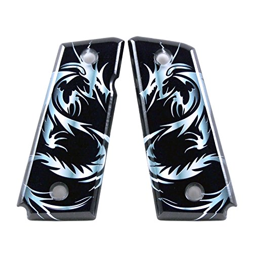 Custom 1911 Compact Ambi & Non-Ambi fit Acrylic Grips Dragon Tattoo Grey Colt Sig Springfield S&W