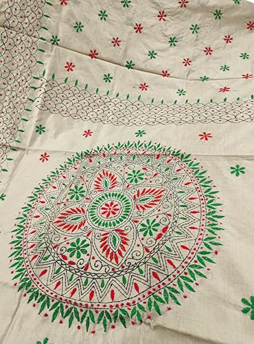 Image of SHRISTI CLOTHINGS Women's Hand Embroidered Cotton Silk Kantha Stitch Saree with Blouse Piece (SB420324 SWD59)