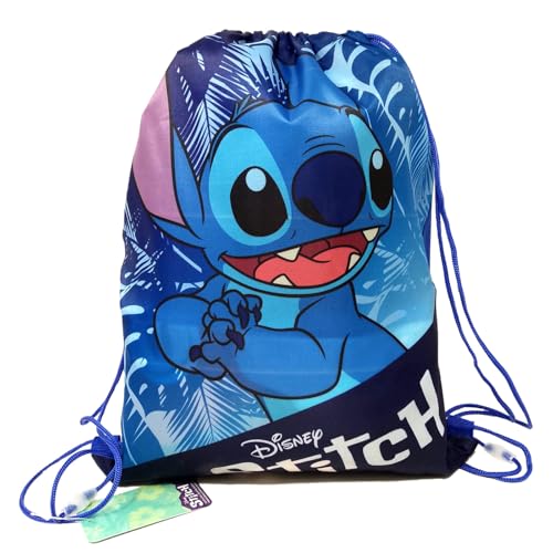 Mochila Saco con Cuerdas Infantil 40x35cm, Mochila de Gimnasio, Natacion con Cordón para Niños Niñas, Bolsa de Equipaje, Mochila Saco Viaje, Playa, Piscina, Campamento, Colegio (Stitch Azul)