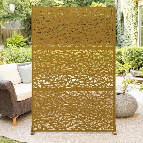 Garvee Écran de confidentialité extensionérieur décoratif en métal – Séparation autoportante pour Balcon, terrasse, Jardin, Piscine, Robuste et Facile à Installer – Motif Feuilles Vertes – Marron